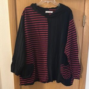 Aug 27 AM Women’s Striped Color Block Hooded Sweatshirt Red Black Lagenlook